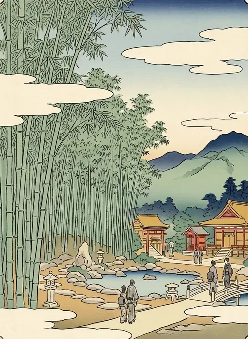 Ukiyo-e illustration of Tenryū-ji and the bamboo groves of Arashiyama